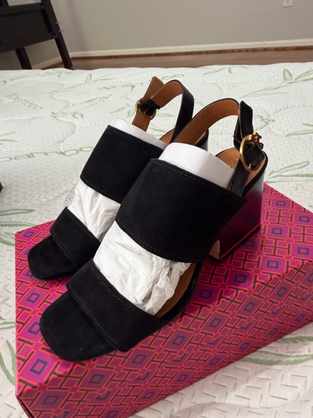 Tory Burch Classic Black Suede Block Heel Sandals - Women's